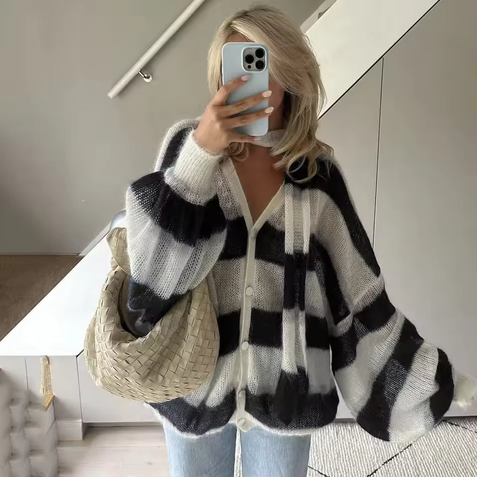 Casual V Neck Lantern Sleeved Striped Knit Cardigan With Scarf Sweater