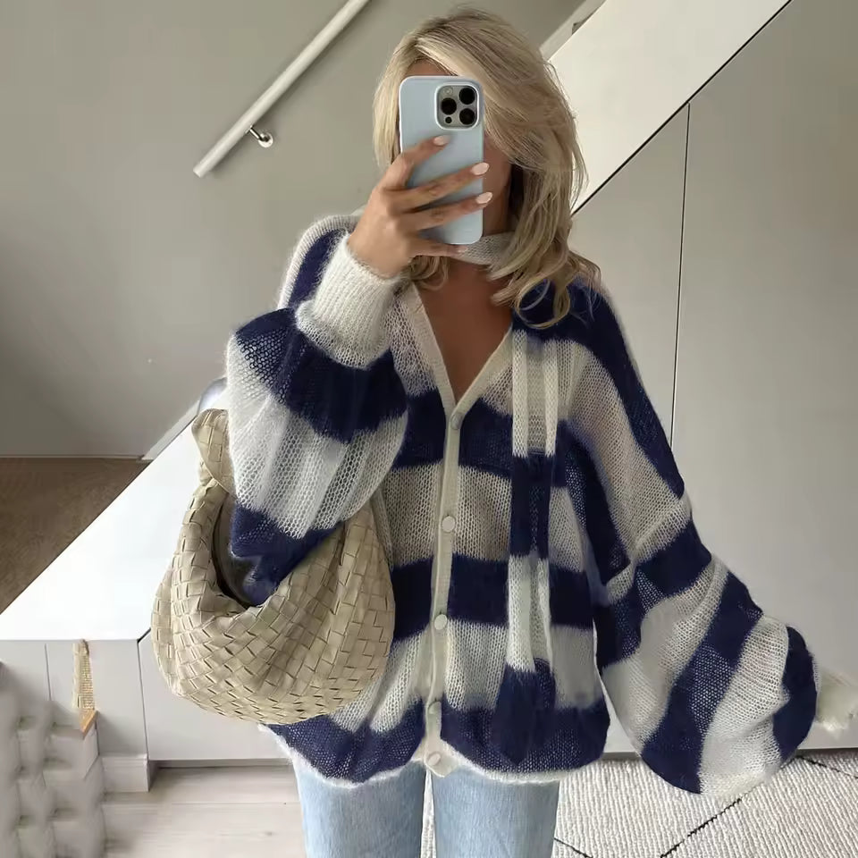 Casual V Neck Lantern Sleeved Striped Knit Cardigan With Scarf Sweater