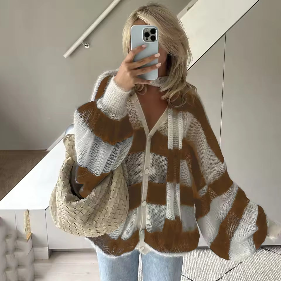 Casual V Neck Lantern Sleeved Striped Knit Cardigan With Scarf Sweater