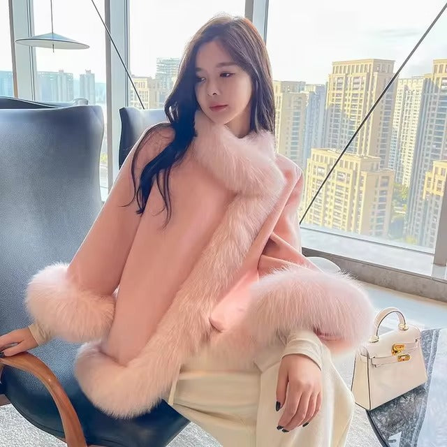 Casual V-Neck Long Sleeve Covered Button Fox Fur Outerwear Cloak Coat