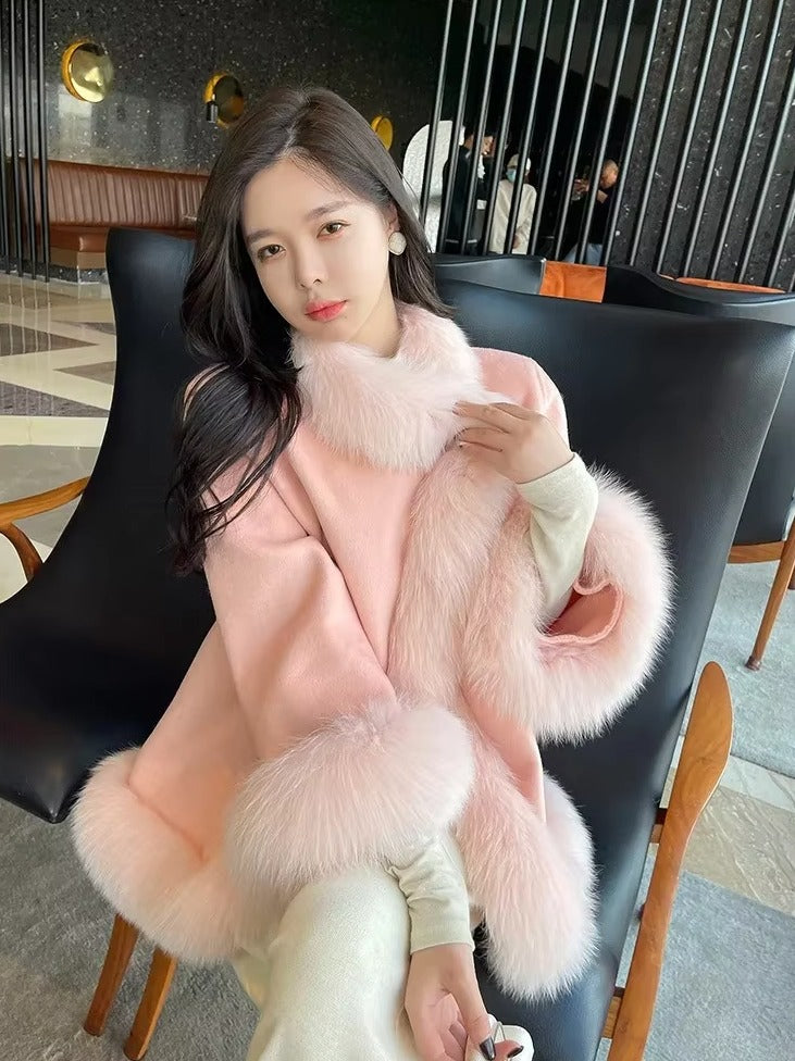 Casual V-Neck Long Sleeve Covered Button Fox Fur Outerwear Cloak Coat