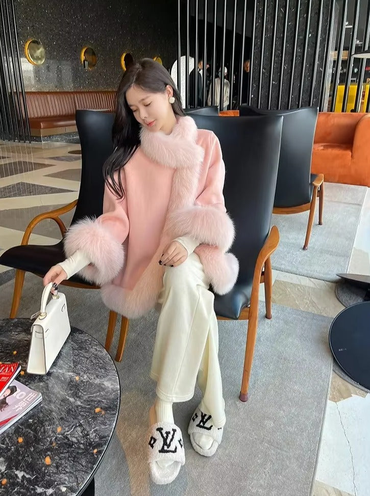 Casual V-Neck Long Sleeve Covered Button Fox Fur Outerwear Cloak Coat