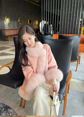 Casual V-Neck Long Sleeve Covered Button Fox Fur Outerwear Cloak Coat