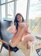 Casual V-Neck Long Sleeve Covered Button Fox Fur Outerwear Cloak Coat