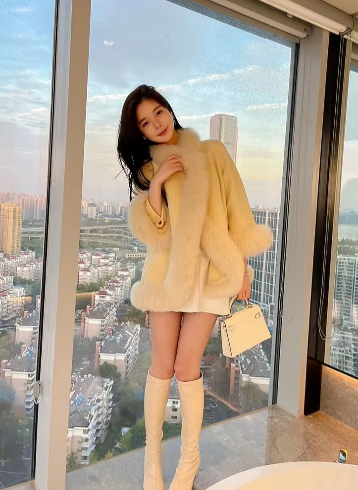 Casual V-Neck Long Sleeve Covered Button Fox Fur Outerwear Cloak Coat