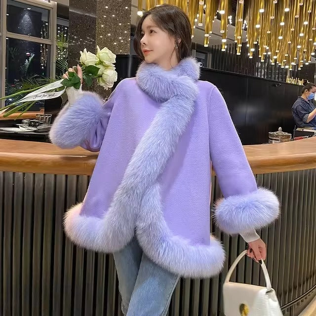Casual V-Neck Long Sleeve Covered Button Fox Fur Outerwear Cloak Coat