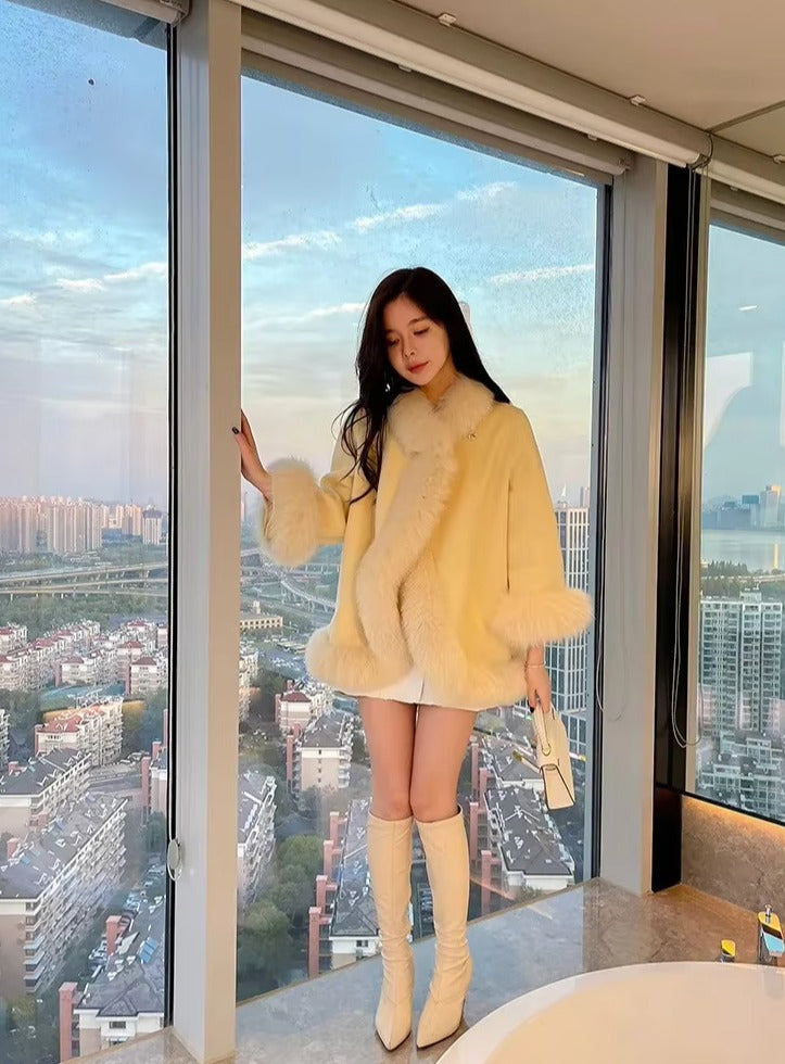 Casual V-Neck Long Sleeve Covered Button Fox Fur Outerwear Cloak Coat
