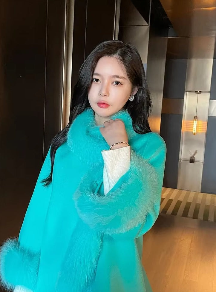 Casual V-Neck Long Sleeve Covered Button Fox Fur Outerwear Cloak Coat