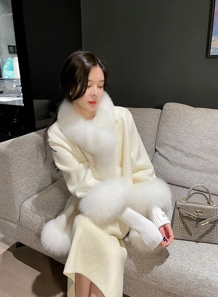 Casual V-Neck Long Sleeve Covered Button Fox Fur Outerwear Cloak Coat