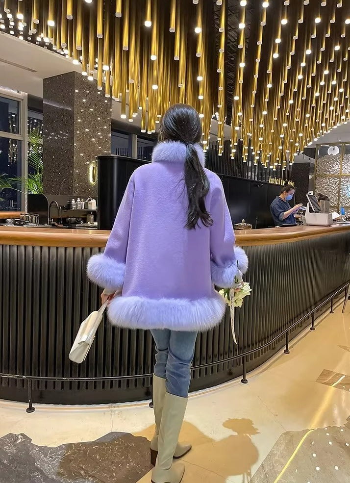 Casual V-Neck Long Sleeve Covered Button Fox Fur Outerwear Cloak Coat