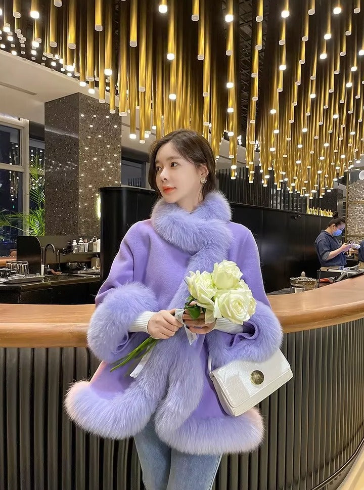 Casual V-Neck Long Sleeve Covered Button Fox Fur Outerwear Cloak Coat