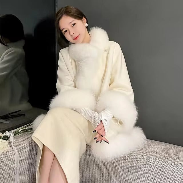 Casual V-Neck Long Sleeve Covered Button Fox Fur Outerwear Cloak Coat
