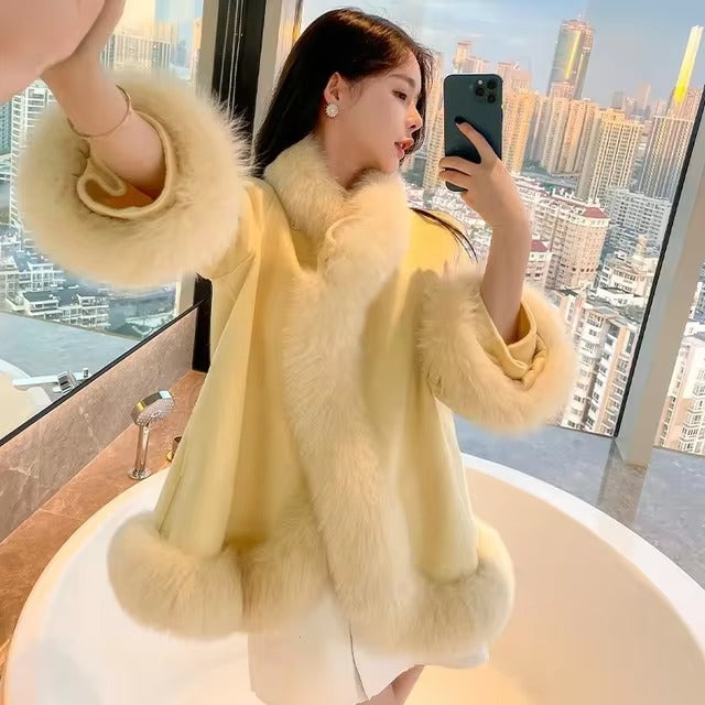 Casual V-Neck Long Sleeve Covered Button Fox Fur Outerwear Cloak Coat