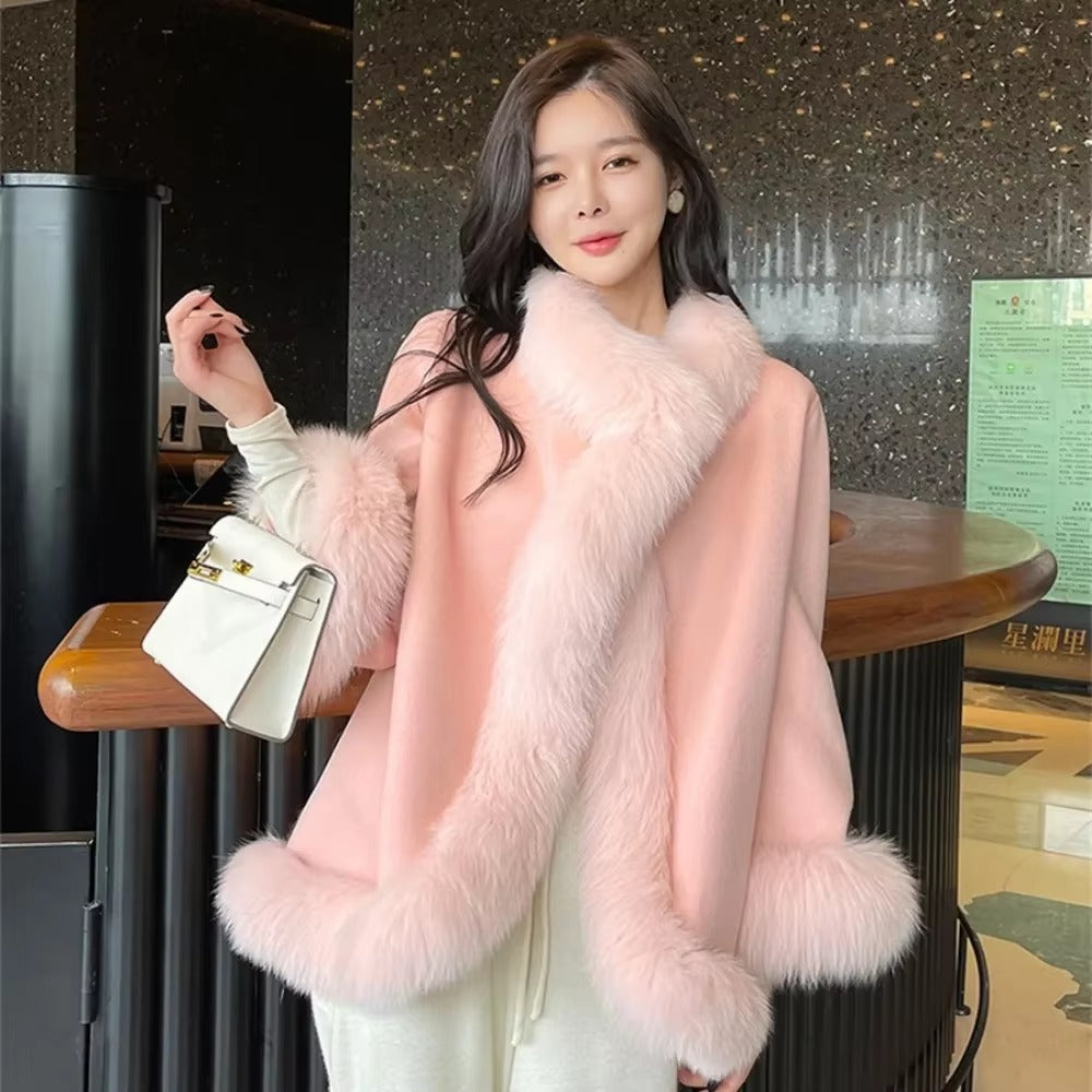 Casual V-Neck Long Sleeve Covered Button Fox Fur Outerwear Cloak Coat