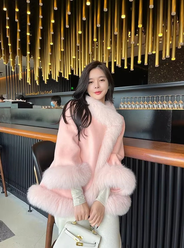 Casual V-Neck Long Sleeve Covered Button Fox Fur Outerwear Cloak Coat
