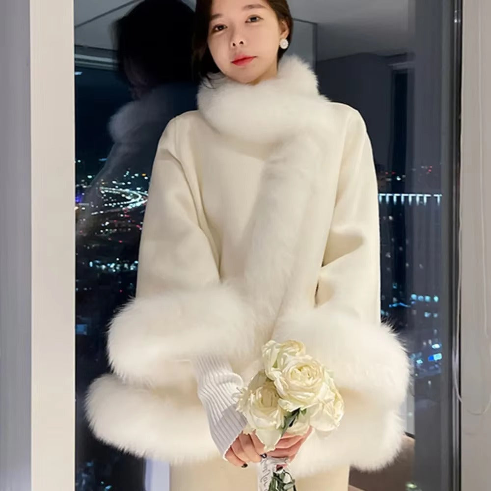 Casual V-Neck Long Sleeve Covered Button Fox Fur Outerwear Cloak Coat