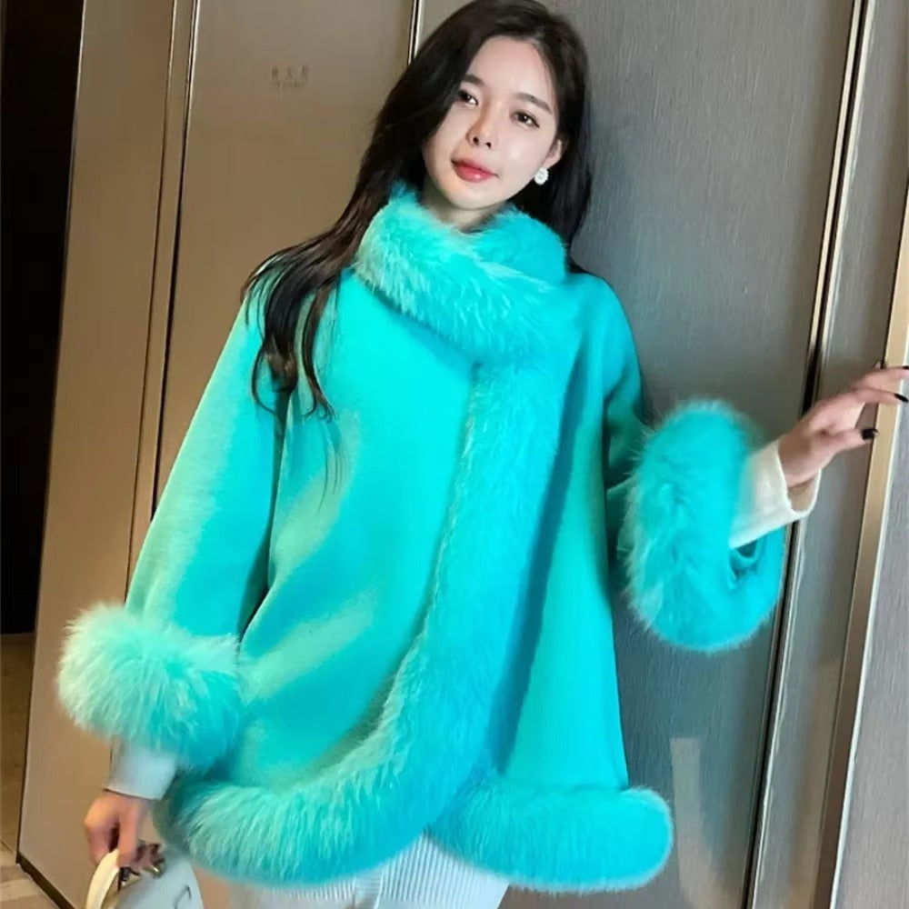 Casual V-Neck Long Sleeve Covered Button Fox Fur Outerwear Cloak Coat