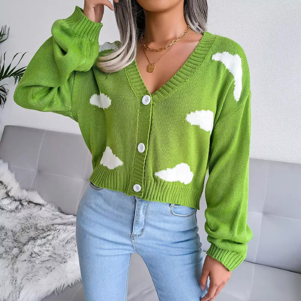 Casual V Neck Long Sleeve Single Breasted Printed Knitted Cardigan Sweater