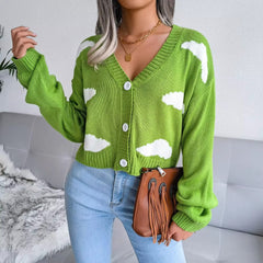 Casual V Neck Long Sleeve Single Breasted Printed Knitted Cardigan Sweater