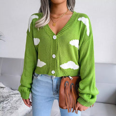 Casual V Neck Long Sleeve Single Breasted Printed Knitted Cardigan Sweater
