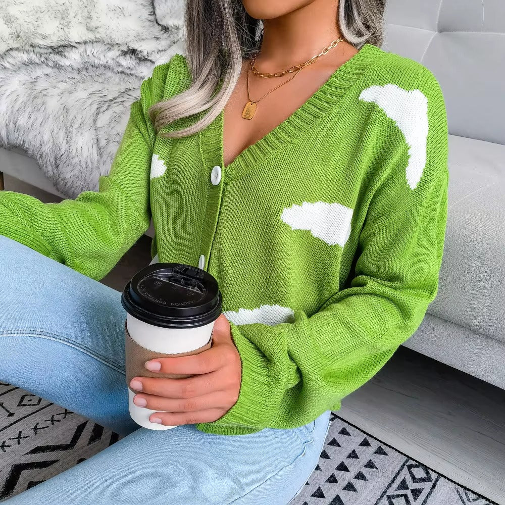 Casual V Neck Long Sleeve Single Breasted Printed Knitted Cardigan Sweater