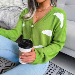 Casual V Neck Long Sleeve Single Breasted Printed Knitted Cardigan Sweater