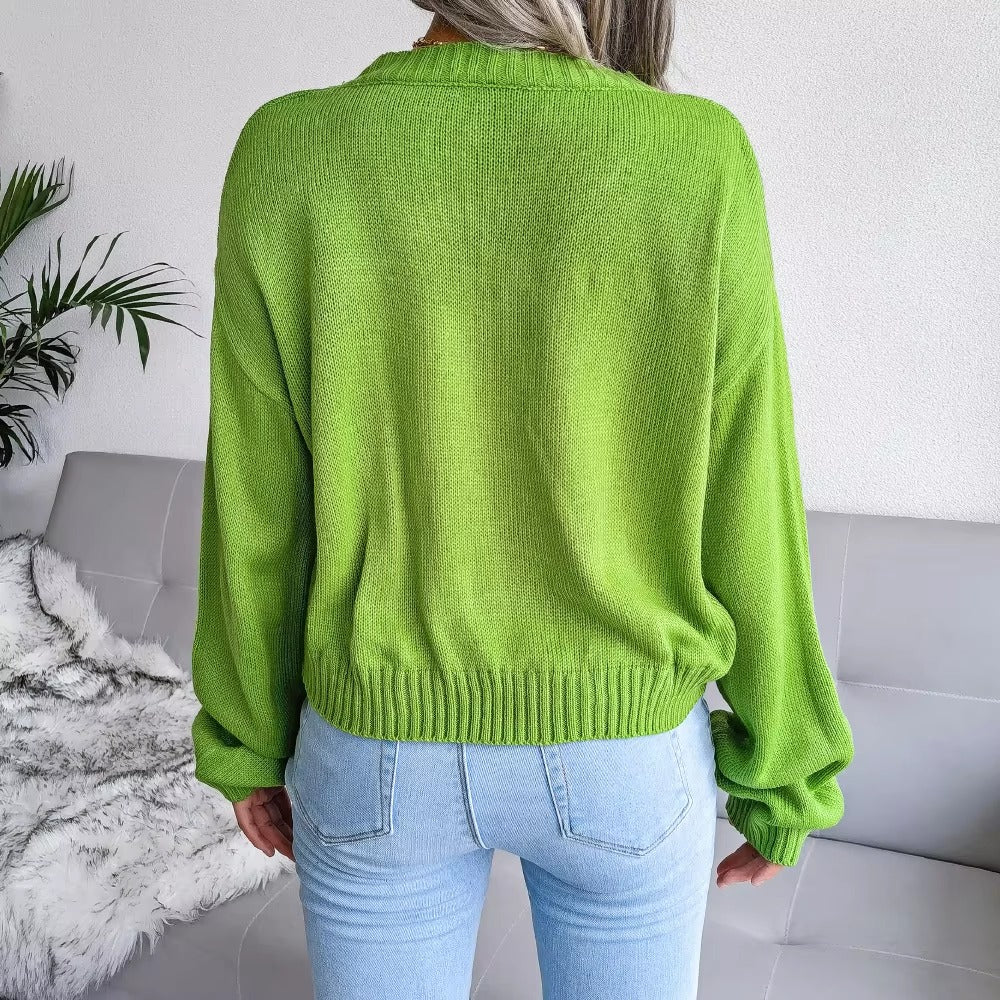 Casual V Neck Long Sleeve Single Breasted Printed Knitted Cardigan Sweater