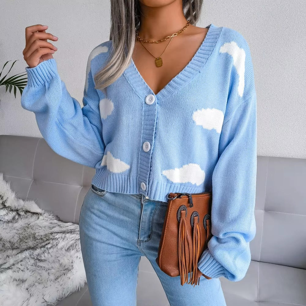 Casual V Neck Long Sleeve Single Breasted Printed Knitted Cardigan Sweater