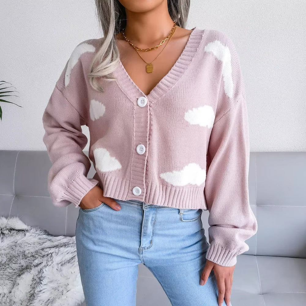 Casual V Neck Long Sleeve Single Breasted Printed Knitted Cardigan Sweater