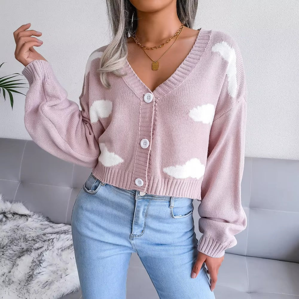 Casual V Neck Long Sleeve Single Breasted Printed Knitted Cardigan Sweater