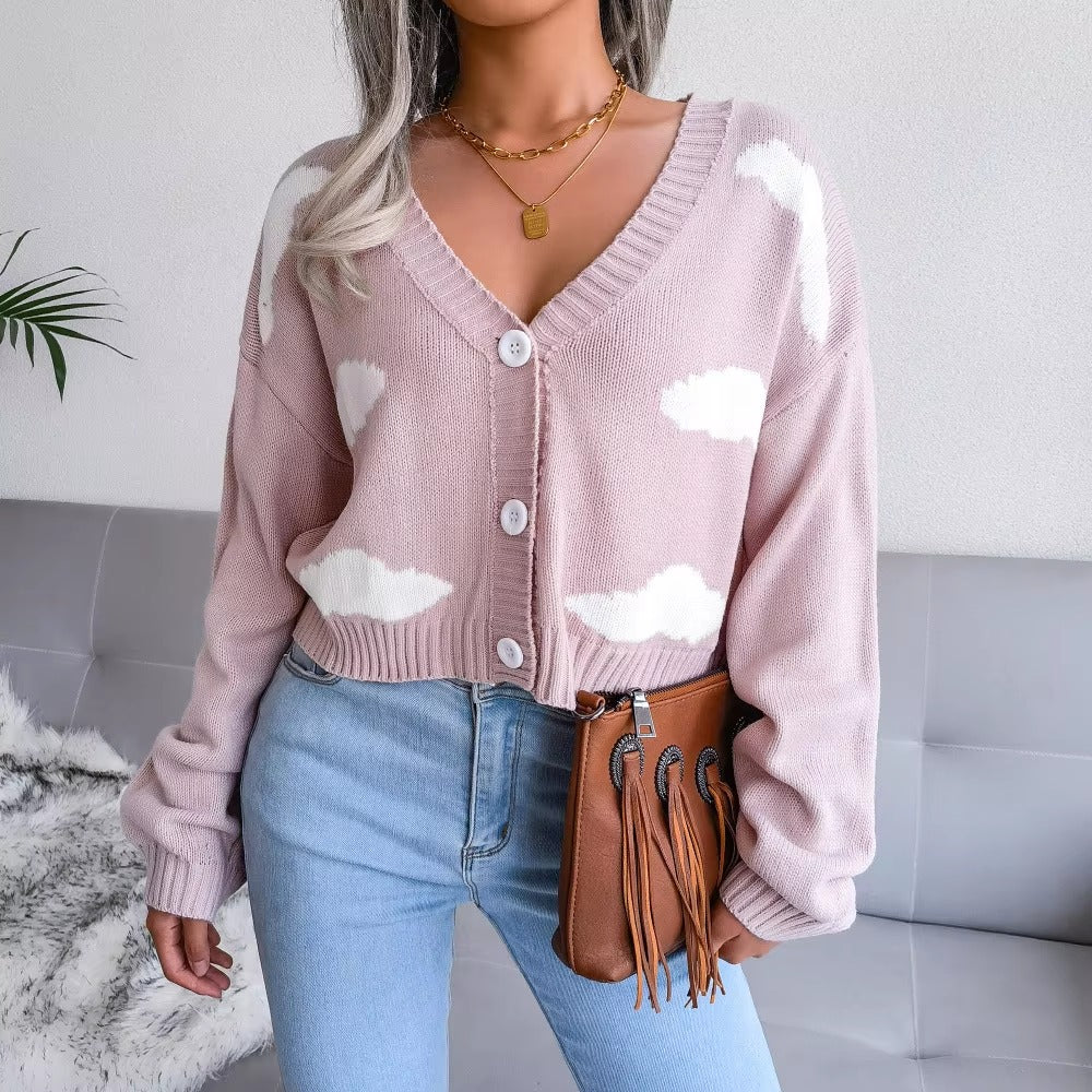 Casual V Neck Long Sleeve Single Breasted Printed Knitted Cardigan Sweater