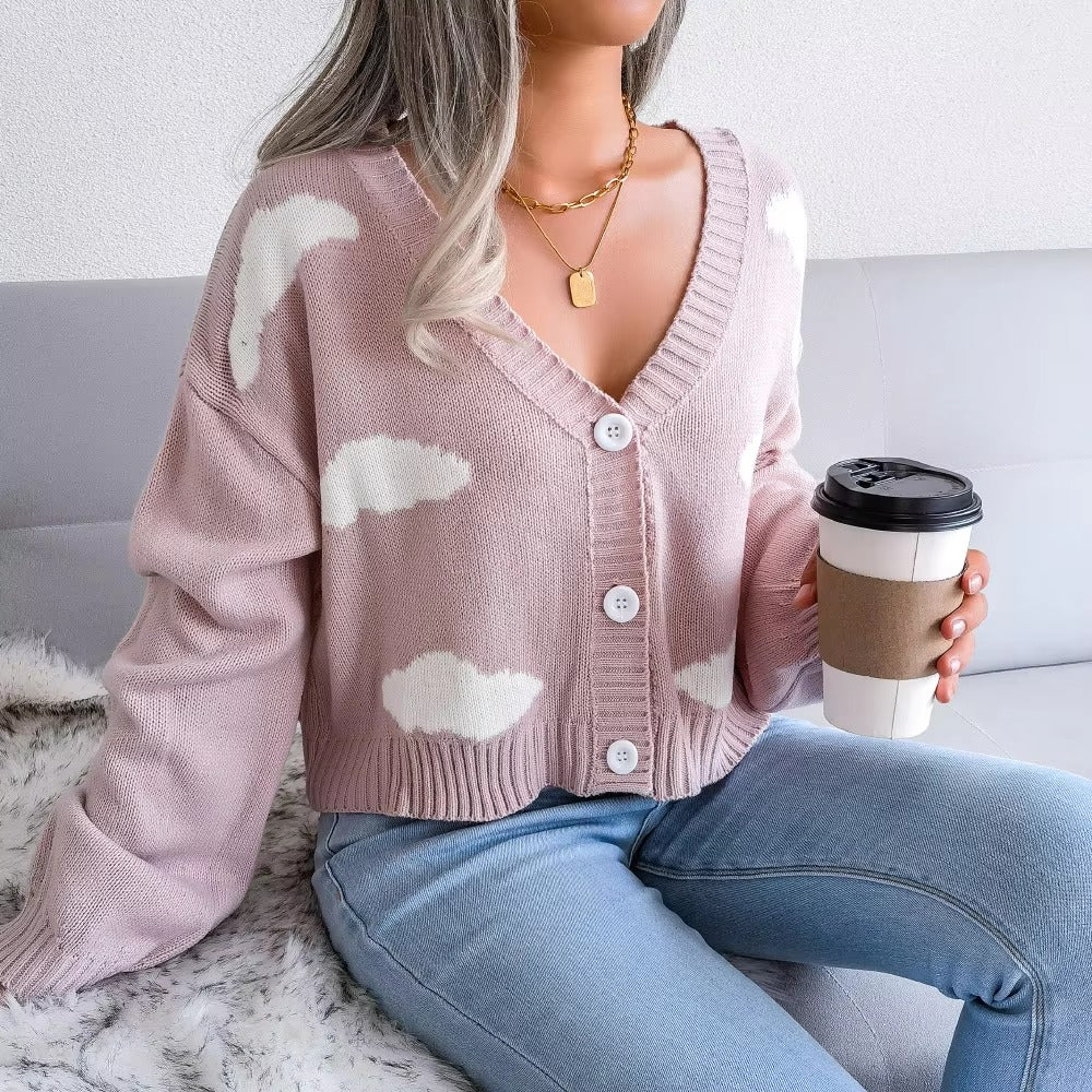 Casual V Neck Long Sleeve Single Breasted Printed Knitted Cardigan Sweater