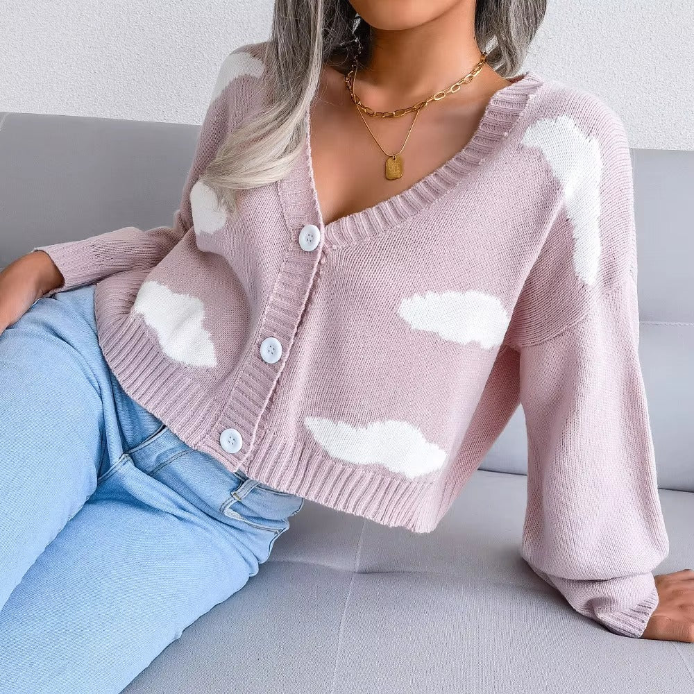 Casual V Neck Long Sleeve Single Breasted Printed Knitted Cardigan Sweater