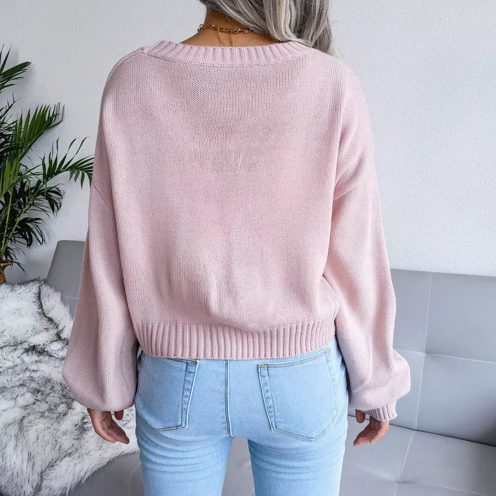 Casual V Neck Long Sleeve Single Breasted Printed Knitted Cardigan Sweater