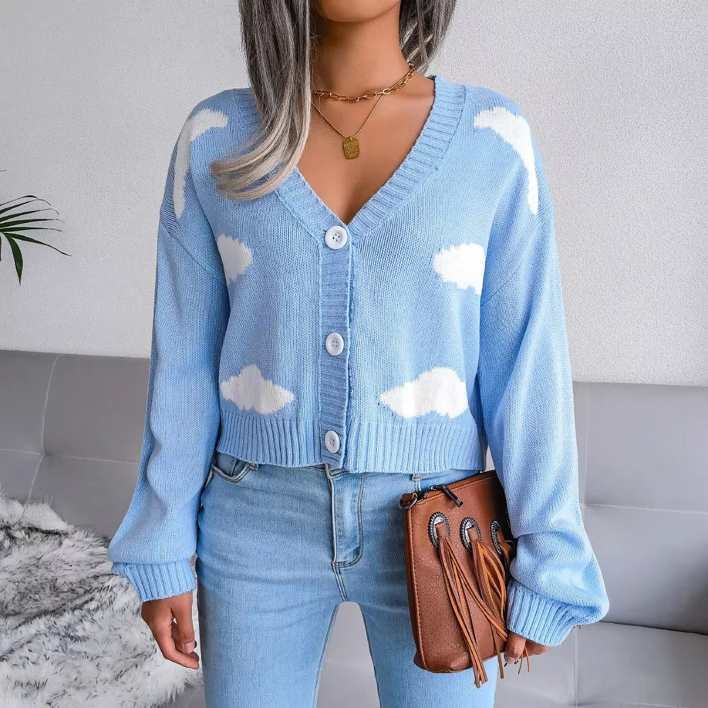 Casual V Neck Long Sleeve Single Breasted Printed Knitted Cardigan Sweater