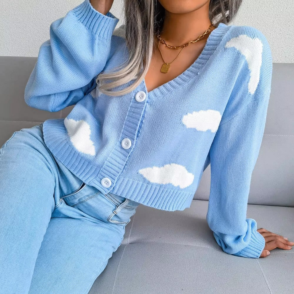 Casual V Neck Long Sleeve Single Breasted Printed Knitted Cardigan Sweater