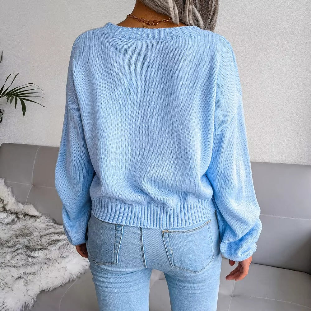 Casual V Neck Long Sleeve Single Breasted Printed Knitted Cardigan Sweater