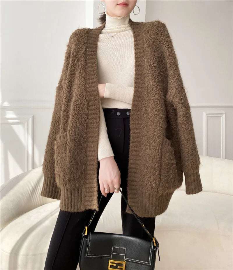 Casual V Neck Long Sleeves Solid Color Soft Loose Knit Cardigan Thick Wool Sweater