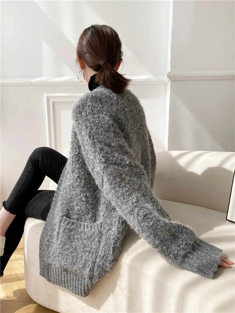 Casual V Neck Long Sleeves Solid Color Soft Loose Knit Cardigan Thick Wool Sweater