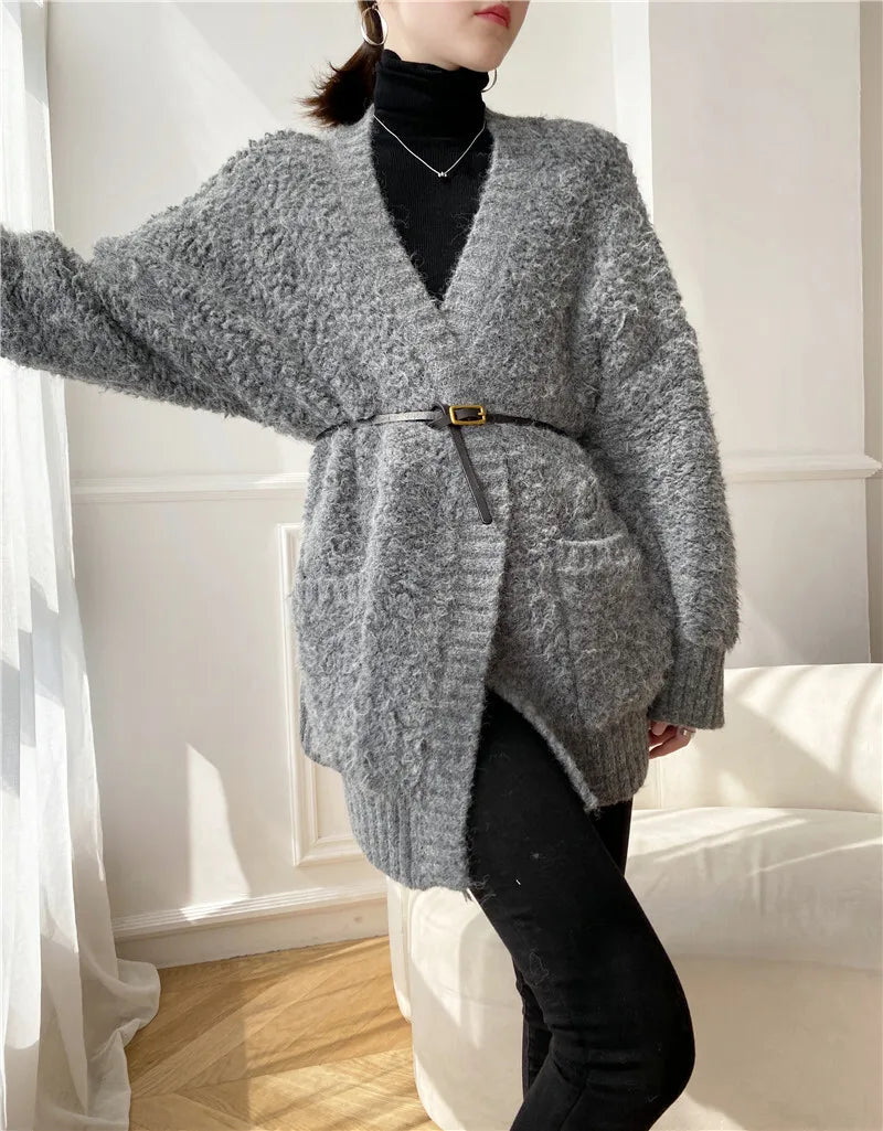 Casual V Neck Long Sleeves Solid Color Soft Loose Knit Cardigan Thick Wool Sweater