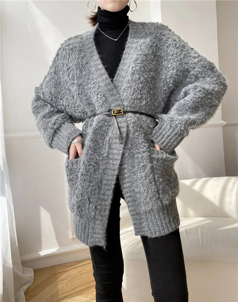 Casual V Neck Long Sleeves Solid Color Soft Loose Knit Cardigan Thick Wool Sweater