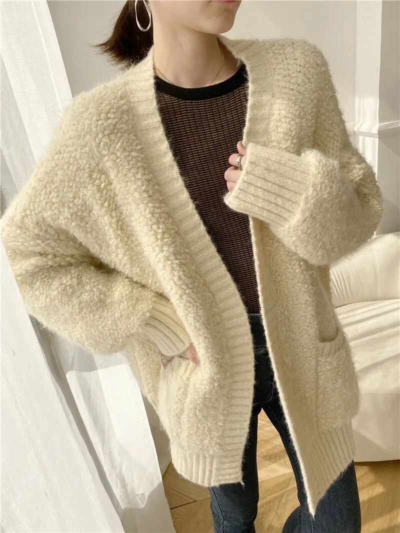 Casual V Neck Long Sleeves Solid Color Soft Loose Knit Cardigan Thick Wool Sweater