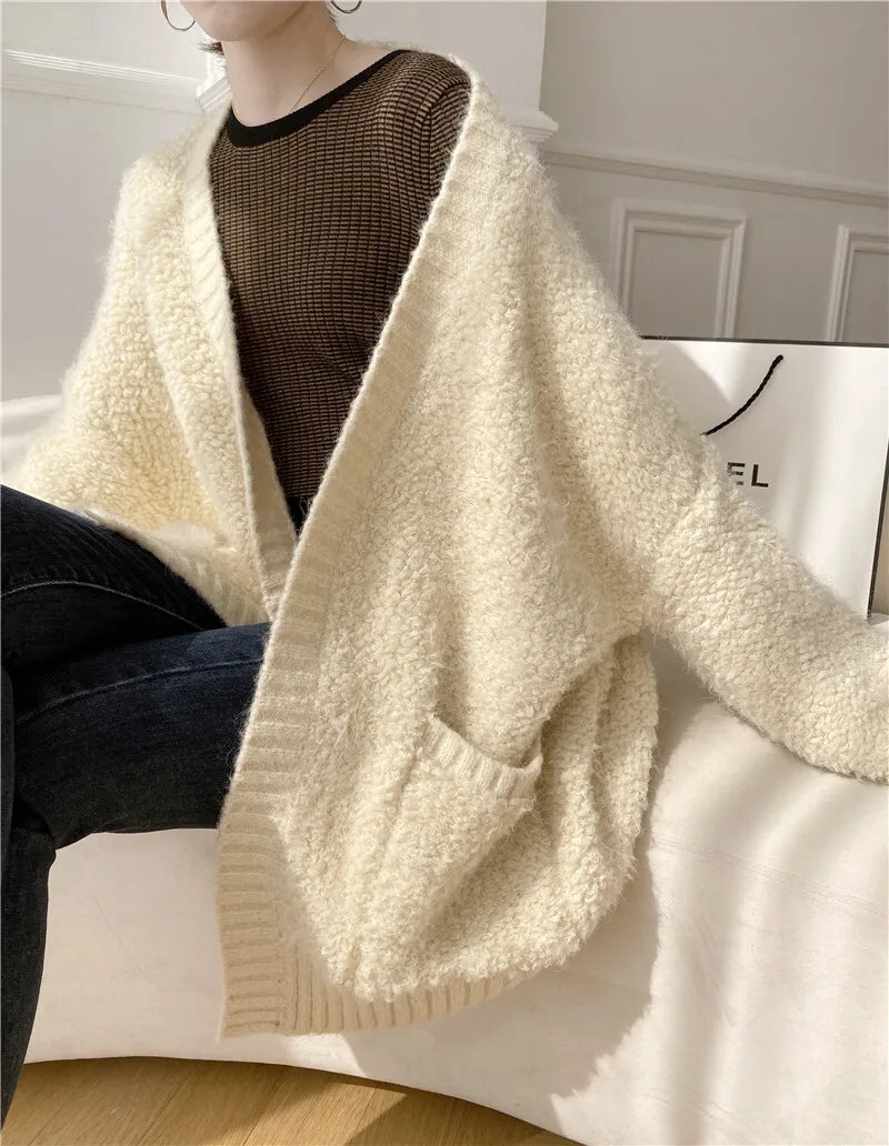 Casual V Neck Long Sleeves Solid Color Soft Loose Knit Cardigan Thick Wool Sweater