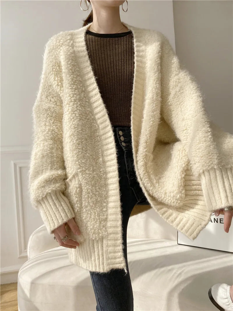 Casual V Neck Long Sleeves Solid Color Soft Loose Knit Cardigan Thick Wool Sweater