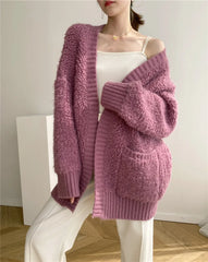 Casual V Neck Long Sleeves Solid Color Soft Loose Knit Cardigan Thick Wool Sweater