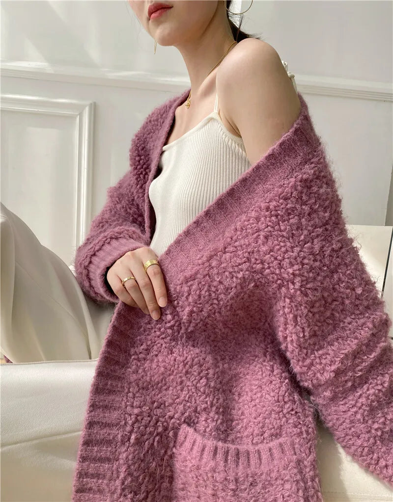 Casual V Neck Long Sleeves Solid Color Soft Loose Knit Cardigan Thick Wool Sweater
