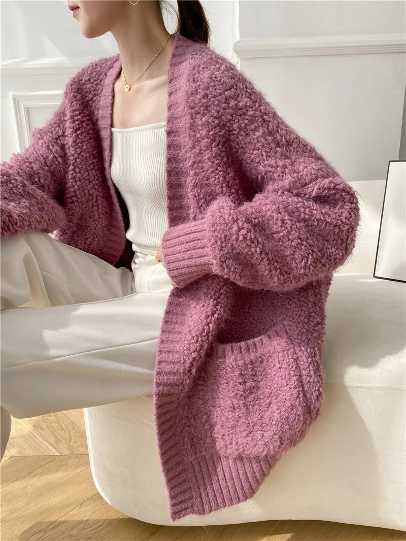 Casual V Neck Long Sleeves Solid Color Soft Loose Knit Cardigan Thick Wool Sweater