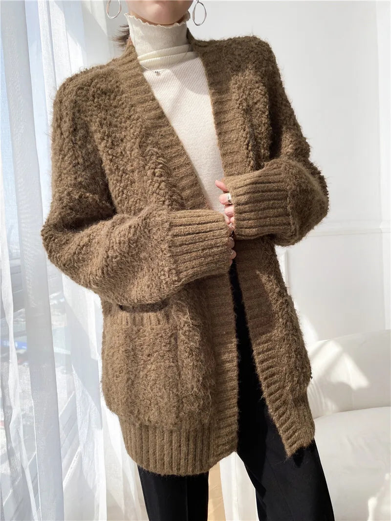 Casual V Neck Long Sleeves Solid Color Soft Loose Knit Cardigan Thick Wool Sweater