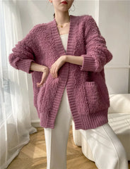 Casual V Neck Long Sleeves Solid Color Soft Loose Knit Cardigan Thick Wool Sweater