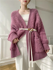 Casual V Neck Long Sleeves Solid Color Soft Loose Knit Cardigan Thick Wool Sweater